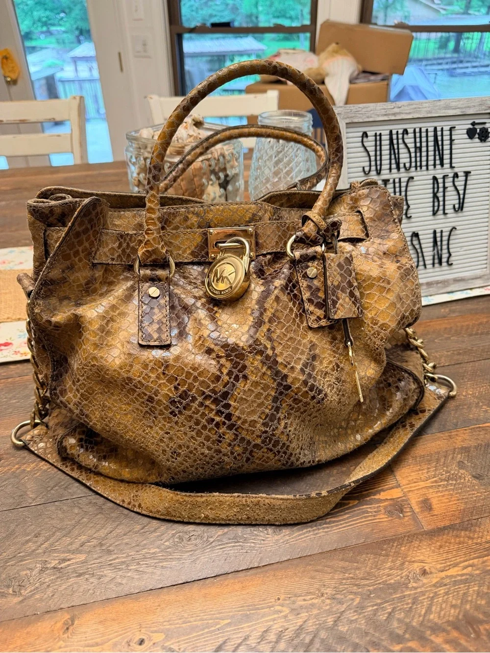 Michael Kors Hamilton satchel Snake Leather Brown Purse GUC 2 charm + key chain